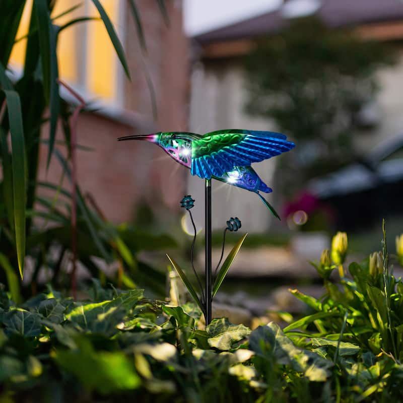 Glitzhome Outdoor Solar Lighted Garden Stake Frog Hummingbird Design