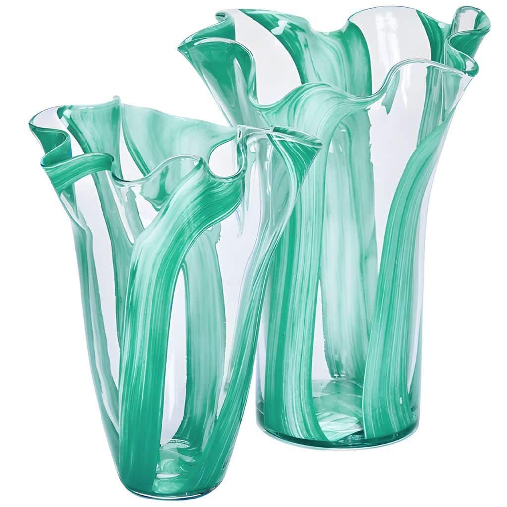 Green Set of 2 Striped Handblown Glass Vases with Broad Rim and Ruffle