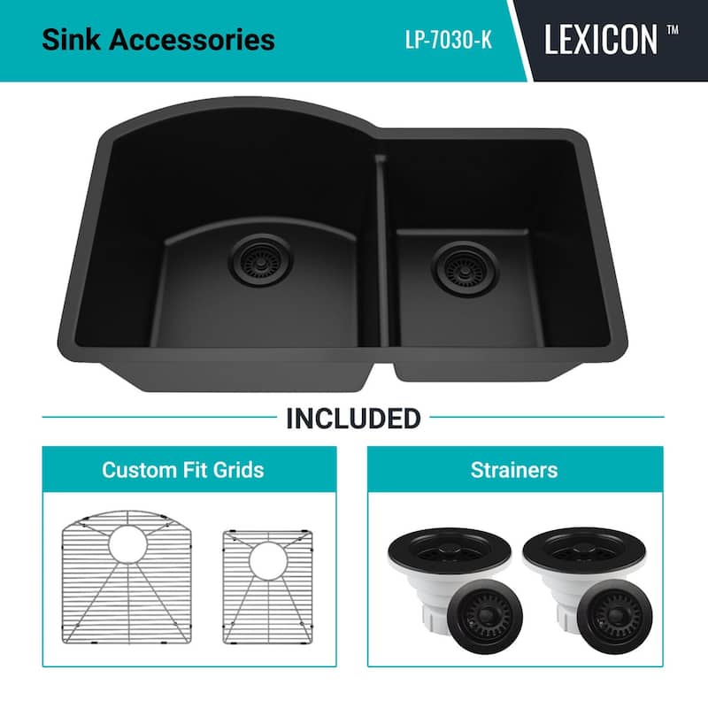 Lexicon Platinum Quartz 32 Inch 70/30 Double Bowl Kitchen Sink with Bottom Grids and Strainers and Disposal Flange