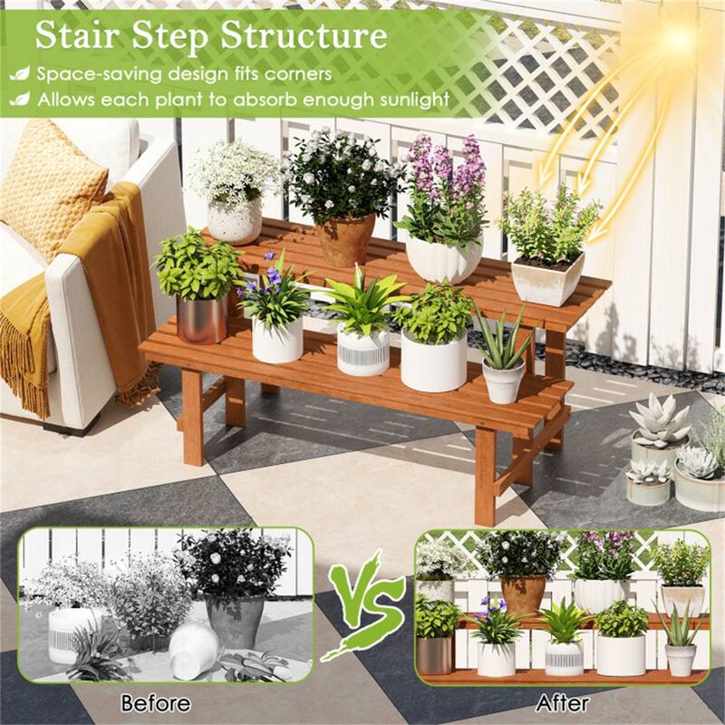 2-Tier Wooden Plant Rack Ladder Shelf with Slatted Shelves for Indoor and Outdoor Use - 23" x 22" x 48" (L x W x H)