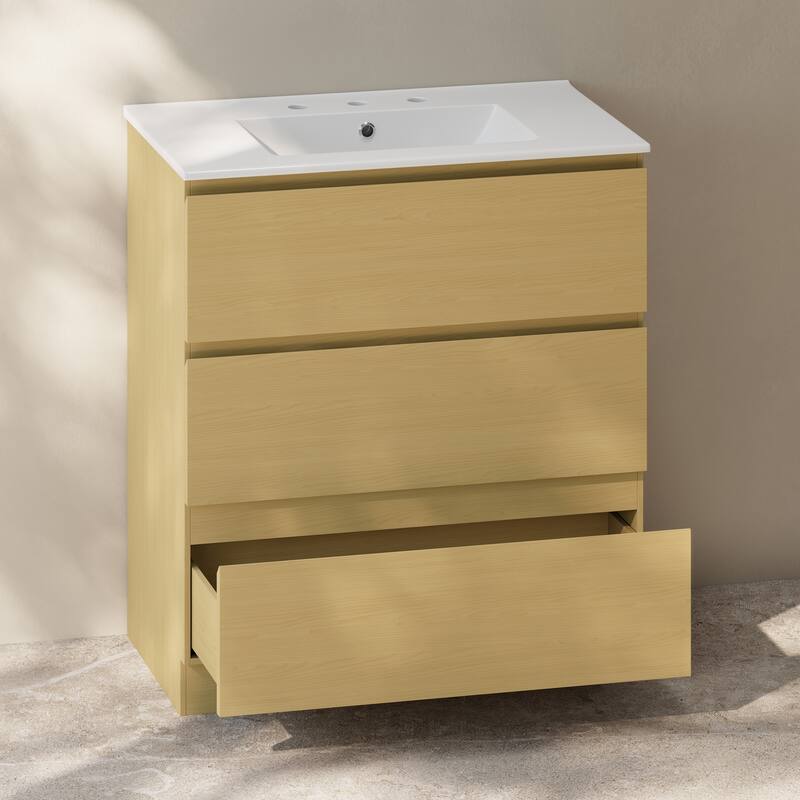 Liberte 30" Freestanding Bathroom Vanity In Natural Oak With 3-Hole Widespread Sink Top - 30