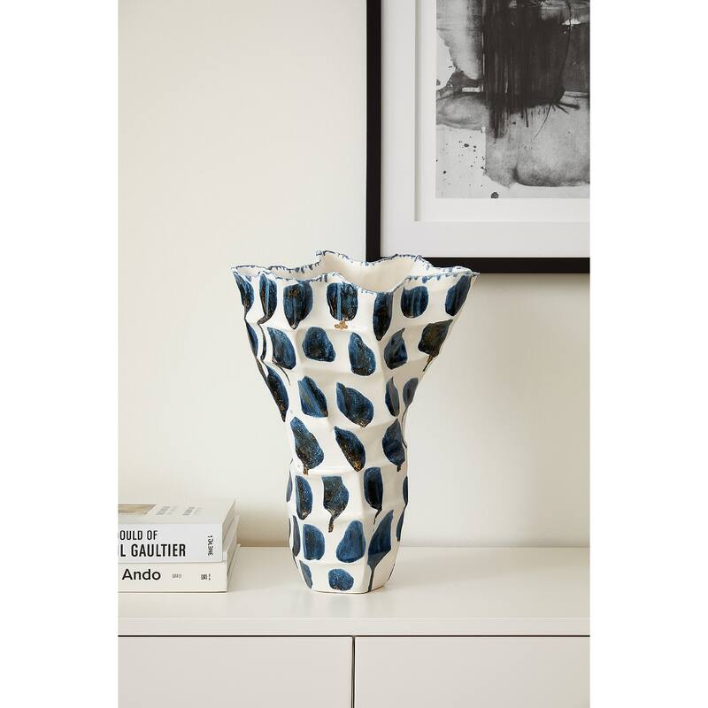 Nery Decorative Vase, Blue White Patchwork Ceramic, Ruffled Edge