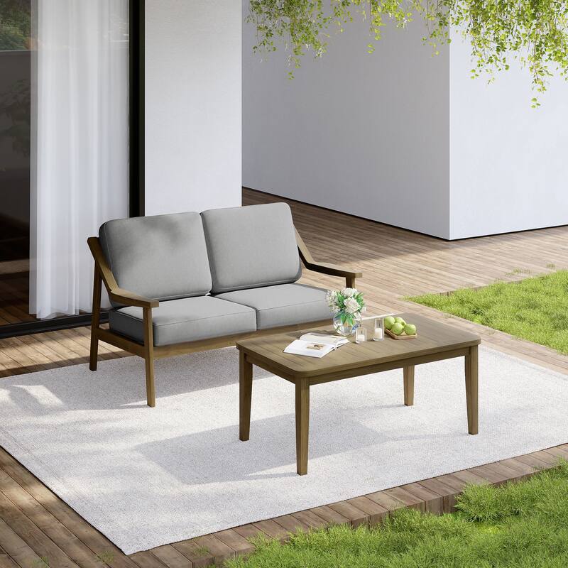 Outdoor Wood Teak Cushioned Patio 2 Seater Loveseat with Coffee Table