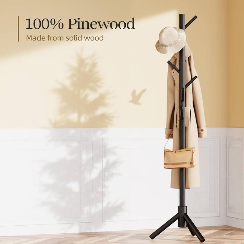 Sturdy Wooden Coat Tree with 8 Hooks, 3 Adjustable Sizes - ‎19.7"D x 19.7"W x 68.9"H