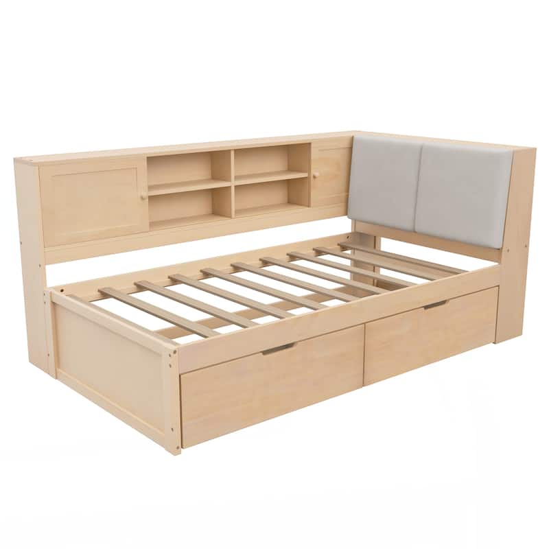 Wooden Twin Size L-shaped Daybed Corner Bed Under-bed Drawers with Storage Bookcase and Upholstered Headboard