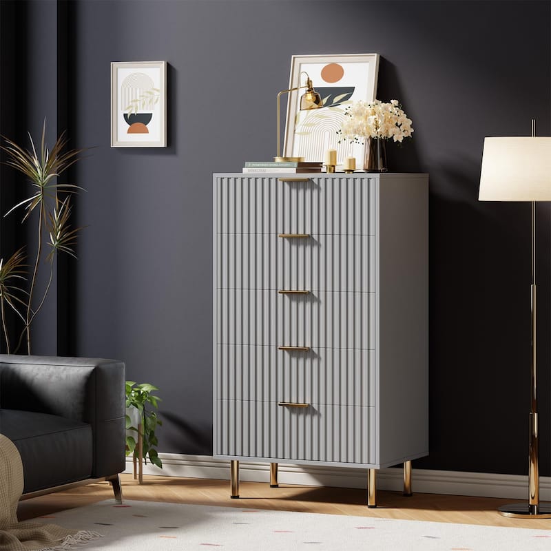 5 Drawer Fluted Dresser for Bedroom, Tall Modern Chest of Drawers with Deep Storage and Wide Top
