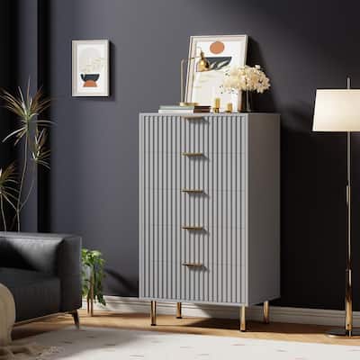 Fluted 5 Drawer Storage Dresser, Tall Modern Chest with Ample Deep Drawers and Wide Top