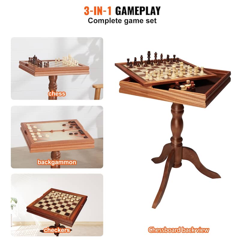 VEVOR 3-IN-1 Chess Checkers Backgammon Table Set Premium Wooden Chess Table Deluxe Combo Game Table Furniture Set - 18 Inch
