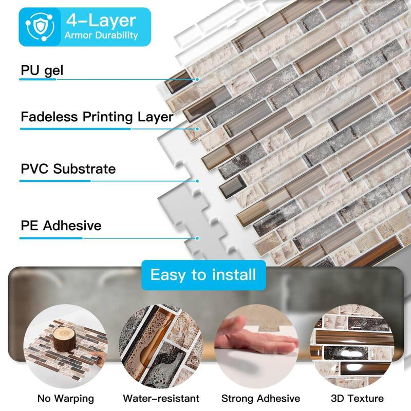 Art3d 10pcs Peel and Stick Backsplash Thickened Tiles, 12''x12'', Cover 10 Sq.Ft. - 11.8"x11.8"