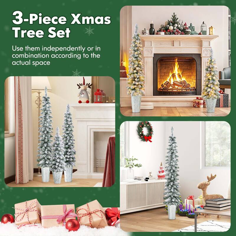 Costway Set of 3 Pre-Lit Snow Flocked Artificial Christmas Trees - See Details