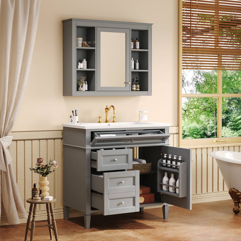 36'' Bathroom Vanity Set with Mirror Cabinet, Modern Bathroom Storage Cabinet with 2 Soft Closing Doors and 4 Drawers