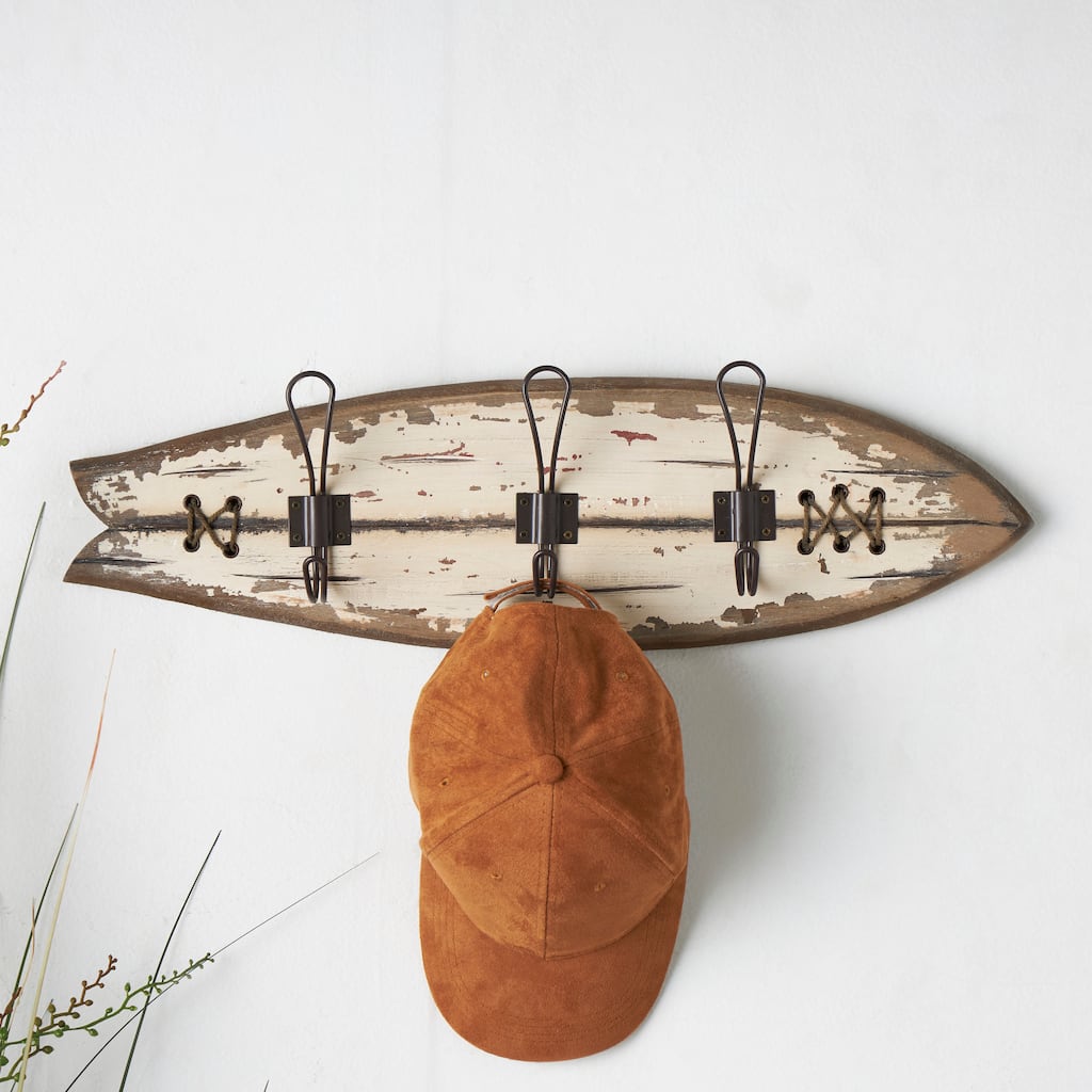 Brown Wood Handmade Distressed 4 Hanger Wall Hook with White Whales and Hanging Rope