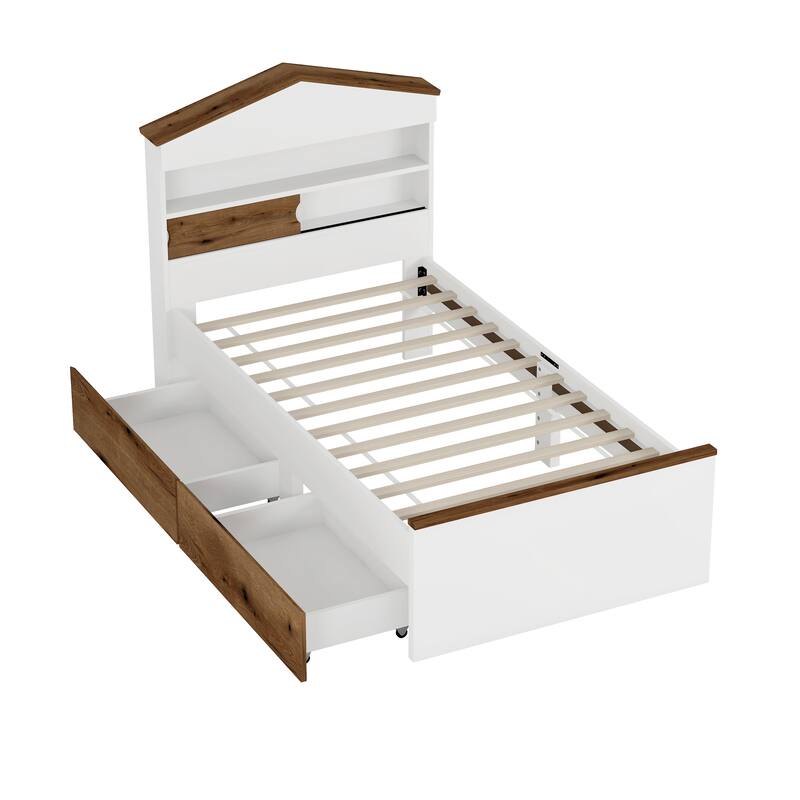 House-Shaped Storage Headboard Bed Frame, Wood Platform Bed with 2 Pull-out Storage Drawers, Kids Panel Bed