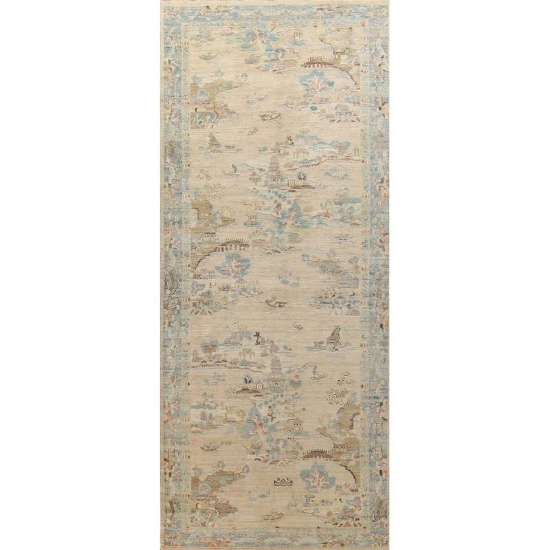 Beige Art Deco Turkish Runner Rug Handmade Wool Carpet - 4'10" x 14'1"