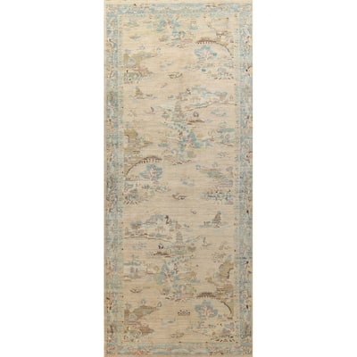 Beige Art Deco Turkish Runner Rug Handmade Wool Carpet - 4'10" x 14'1"