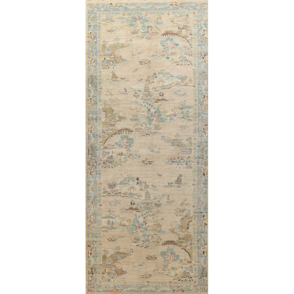 Hand Knotted Oriental 100% Wool Carpet Traditional Floral Beige & Ivories Art Deco Runner Rug - 14' 1'' X 4' 10''