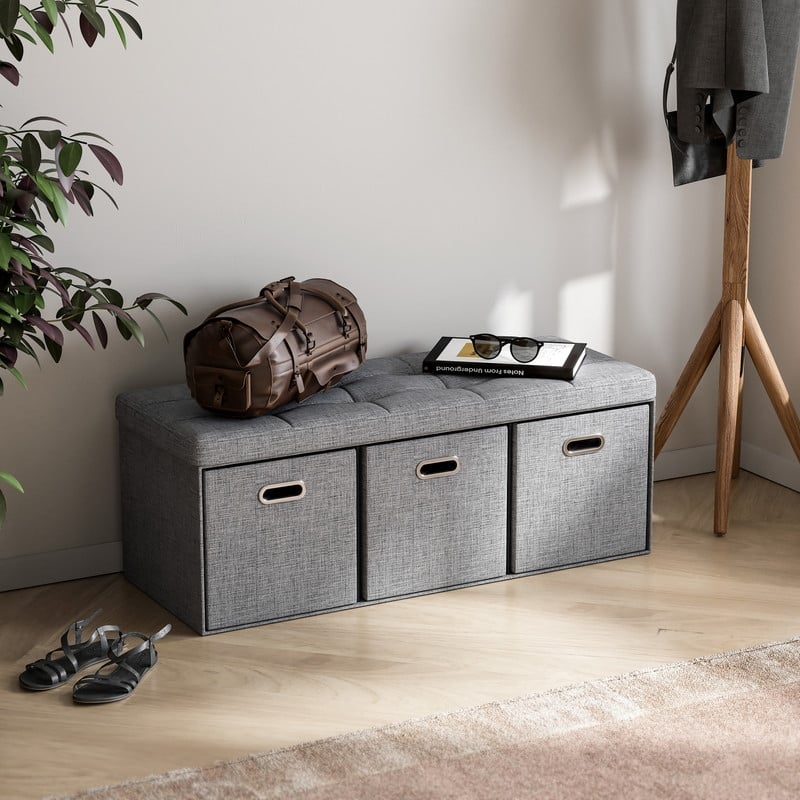 Foldable Linen Large Bench Storage Ottoman with 3 Drawer Cubes - 40"L