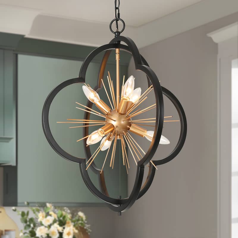 Modern Glam 6-Light Black Gold Cage Chandelier Metal Starburst Pendant Lights - 20'' D x 23.5'' H