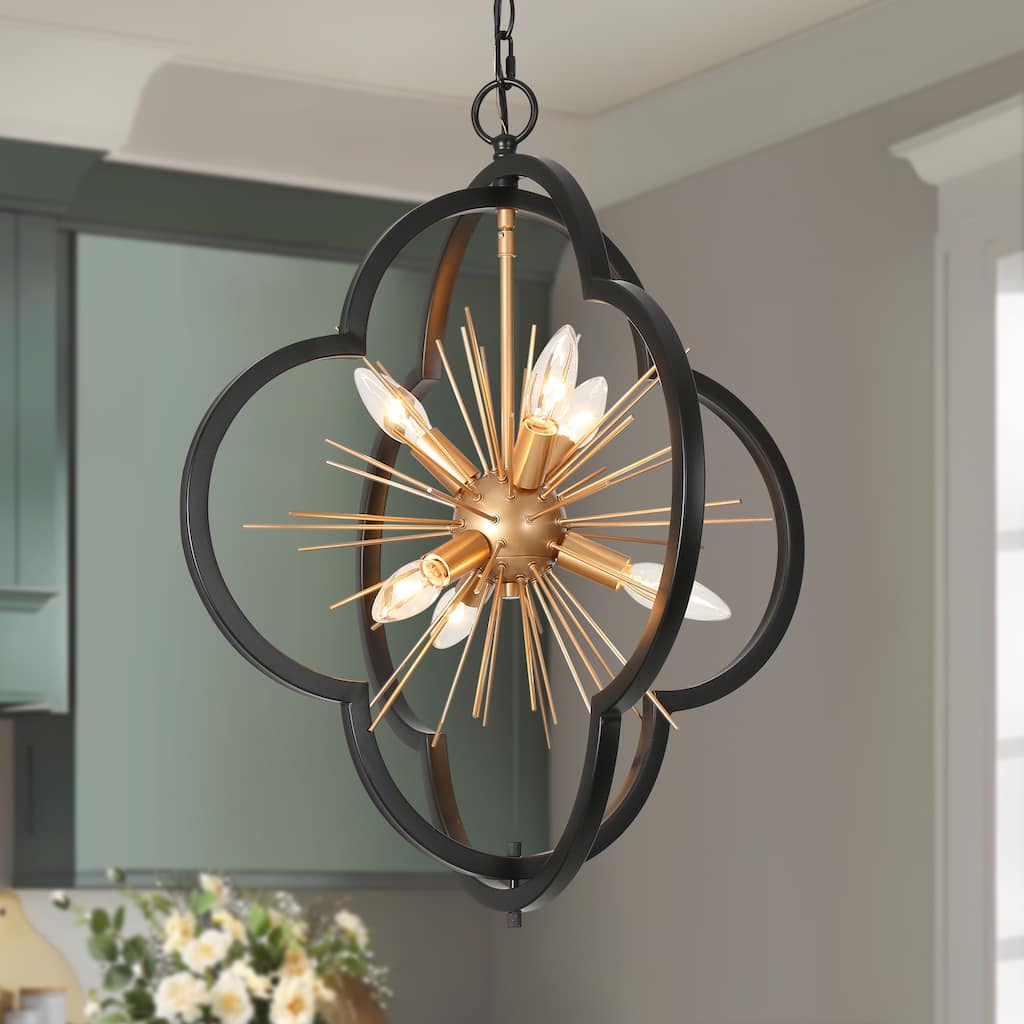 Modern Glam 6-Light Black Gold Cage Chandelier Metal Starburst Pendant Lights - 20'' D x 23.5'' H