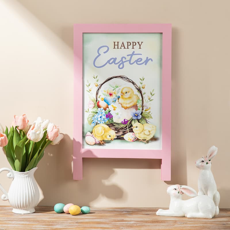 Glitzhome 24"H Easter Wooden Bunny Easel Porch Sign Wall Hanging Outdoor Indoor Decor