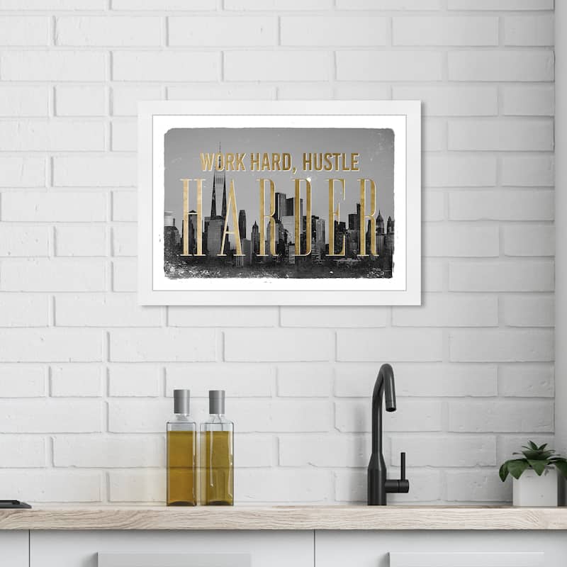 Wynwood Studio Prints Typography and Quotes Work Hard Hustle City Gray and Metallic Gold Glam Wall Art Canvas Print - White