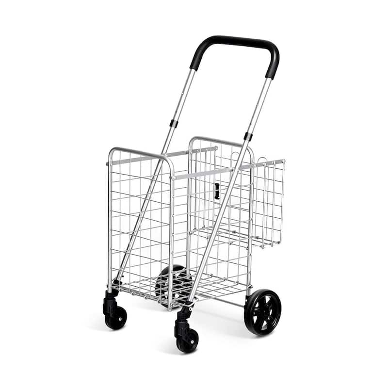 Costway Folding Shopping Cart Jumbo Basket Rolling Utility Trolley - 17'' x 19'' x 35''/37.5'' - Silver