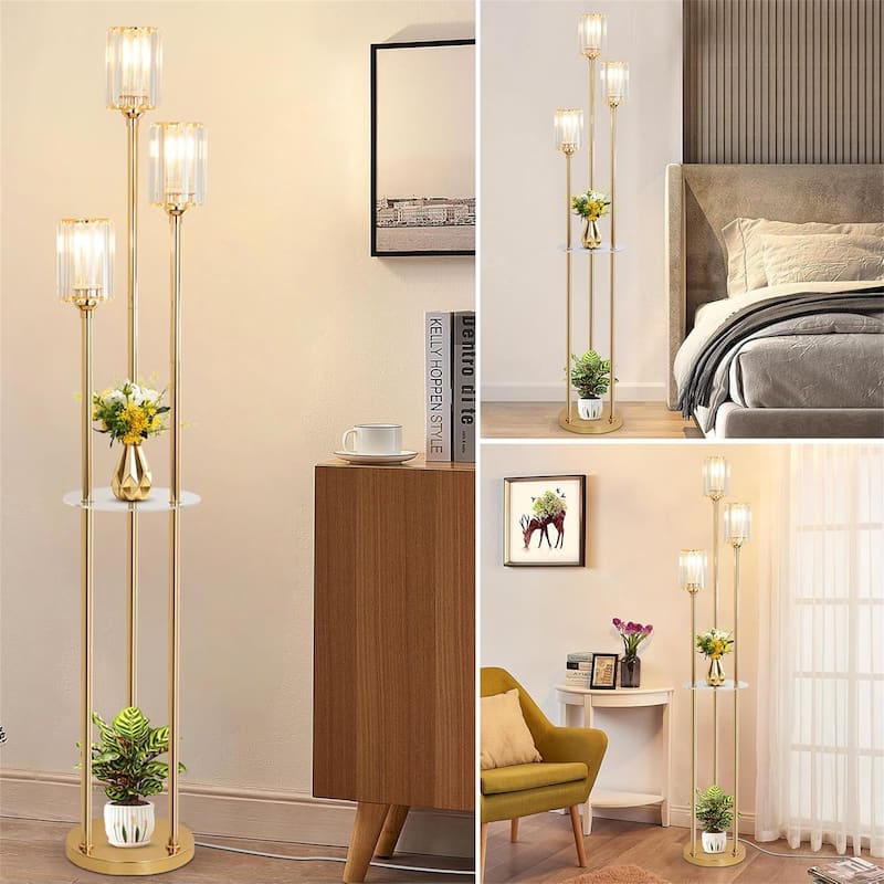 Modern Mid-Century Floor Lamp with Crystal Shade & Shelves