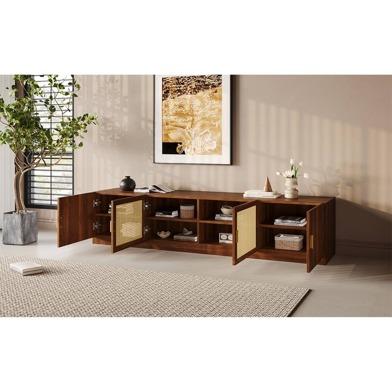 Roomfitters 78 Inch TV Stand for TVs up to 85 Inch, Walnut Media Console with Rattan Doors & Adjustable Shelf