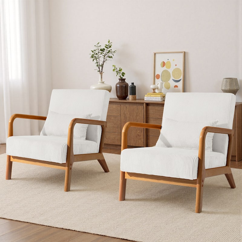 25" W Mid Century Upholstered Wood Accent Chair with Pillow set of 2 - Dark Wood - Beige