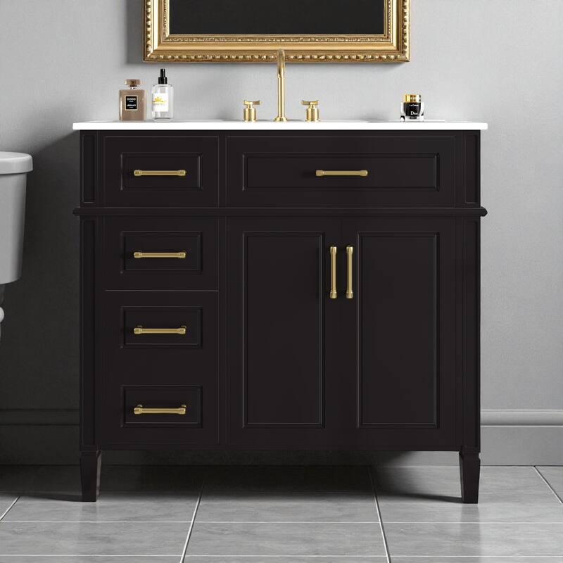 36" Freestanding Bathroom Vanity with Sink, Solid Pinewood & MDF Cabinet, 4 Drawers, 2 Doors, Gold Metal Handles - Black