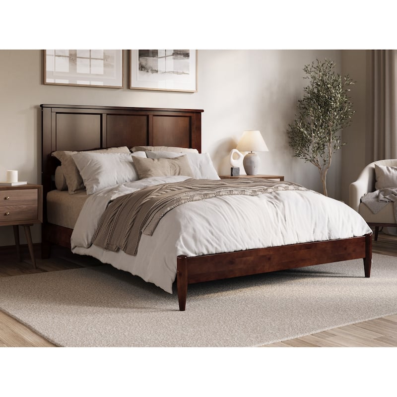Queen Walnut Solid Wood Low Profile Platform Bed with Turbo Charger and Sturdy Slat Mattress Support