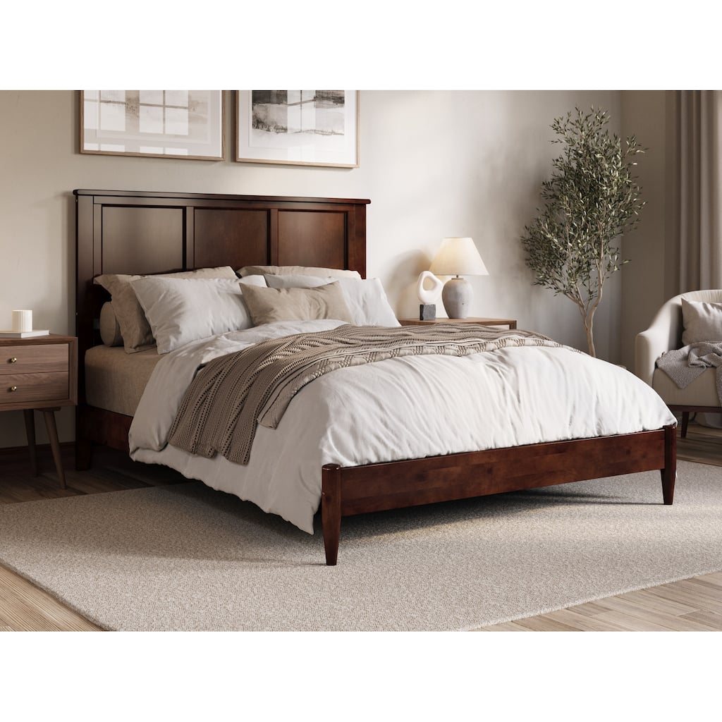Queen Walnut Solid Wood Low Profile Platform Bed with Turbo Charger and Sturdy Slat Mattress Support