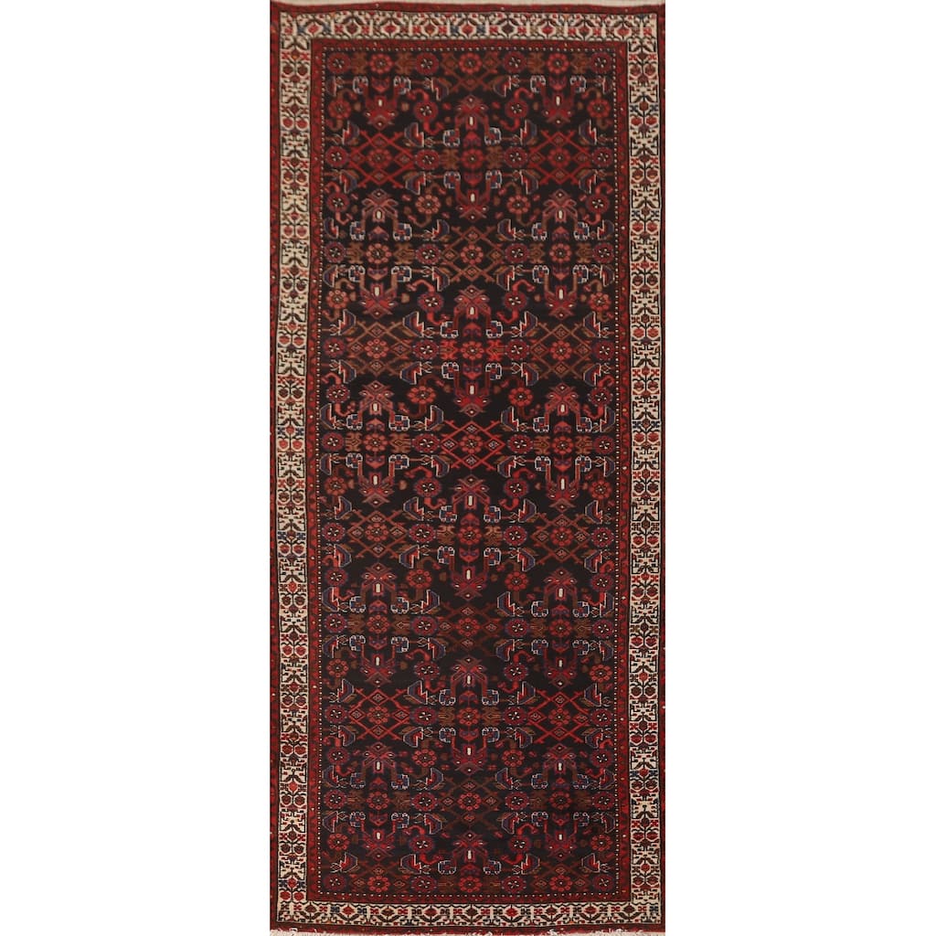 All-Over Hamedan Persian Vintage Runner Rug Hand-Knotted Wool Carpet - 3'8" x 10'2"