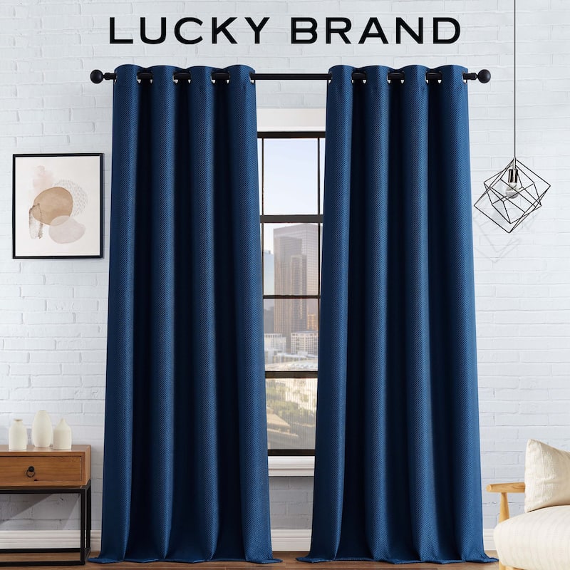 Lucky Brand Ember Thermal Woven Room Darkening Grommet Window Curtain Panel Pair with Tiebacks - 84 Inches - Indigo