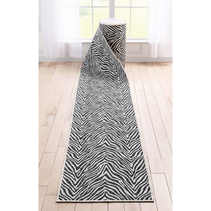 Custom Size Runner Flat-Weave Washable Apollo Zebra Modern Stair Rug - 2' 7" x 4' 2" - Black - Rectangle
