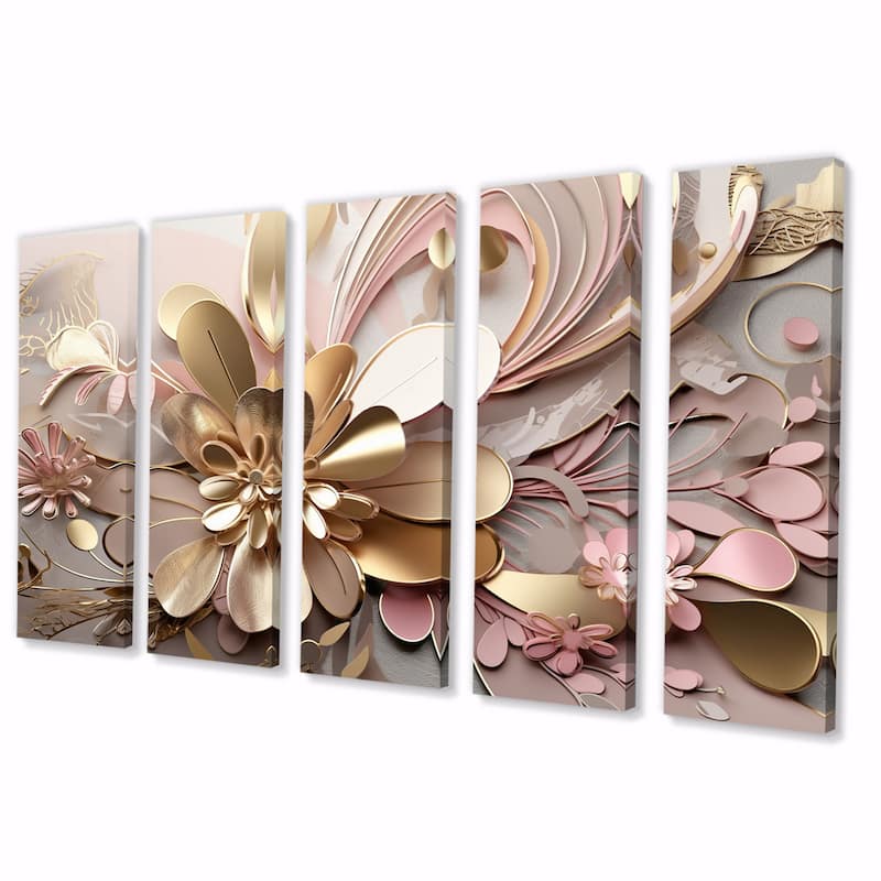 Designart "Liquid Art Gold And Pink Floral Effervescence" Abstract Multipanel Canvas Art Print set