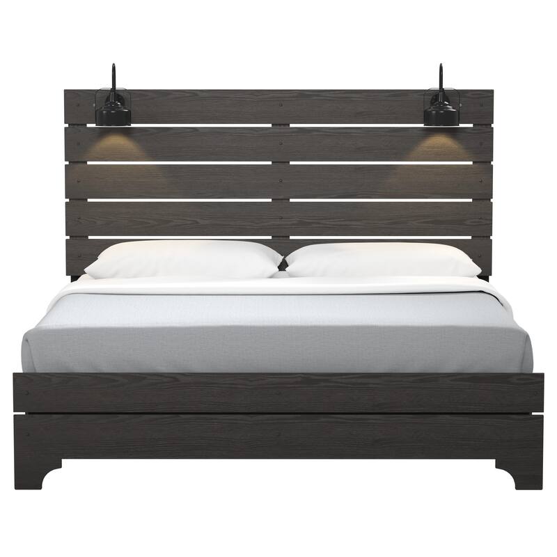 Queen Size Engineered Wood Modern Panel Bed with Built-In Lights