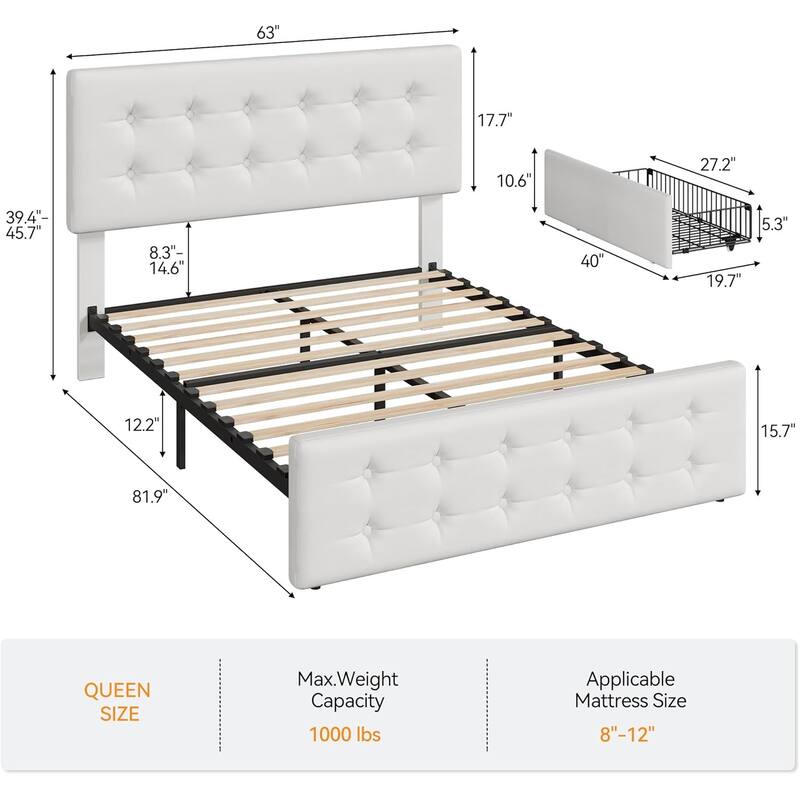 Bed Frame with Adjustable Headboard and 4 Storage Drawers