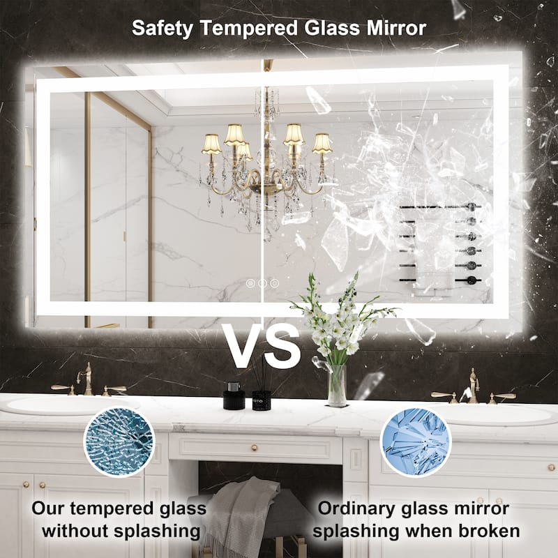 55 in. W x 30 in. H Large Rectangular Frameless Anti-Fog LED Light Wall Mounted Bathroom Vanity Mirror in White