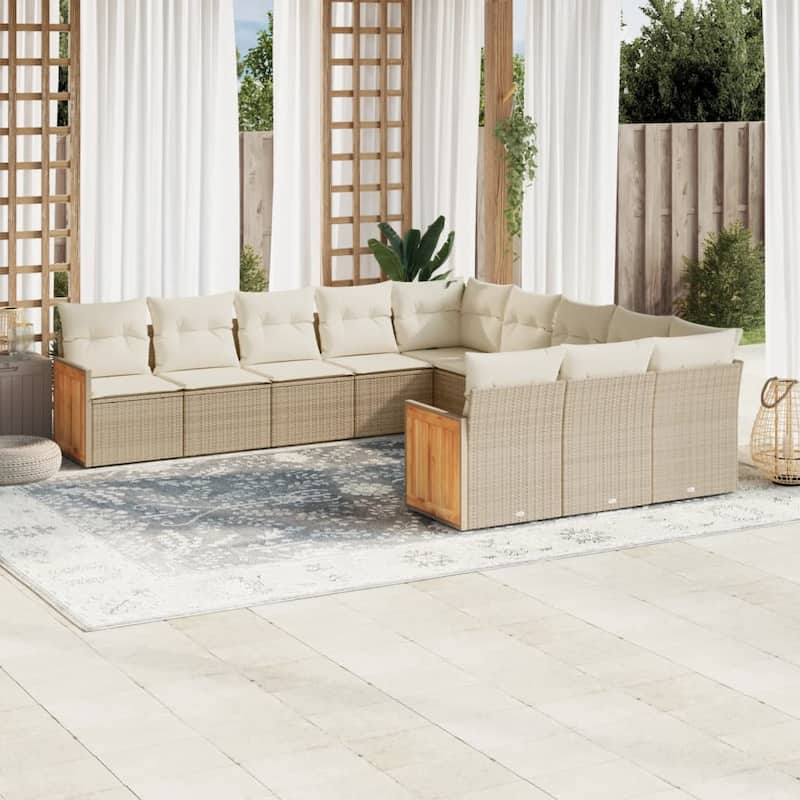 vidaXL Patio Sofa Set with Cushions Outdoor Conversation Furniture Poly Rattan - 24.4 x 24.4 x 27.2 - Beige and Cream