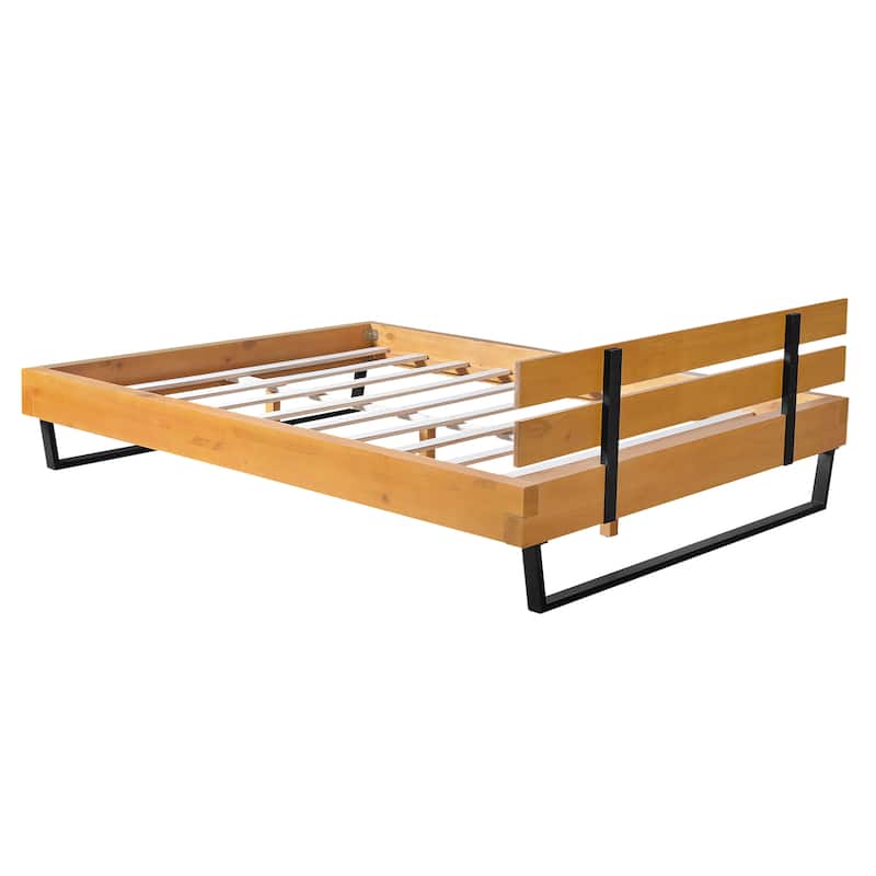 Rustic Pine Wood Platform Bed with Headboard, Wooden and Metal Queen/King Bed Frame, Wood Slats Support, No Box Spring Needed