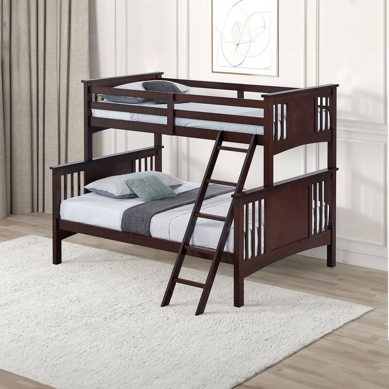Modern Twin Over Full Bunk Bed with Ladder in Dark Walnut Finish