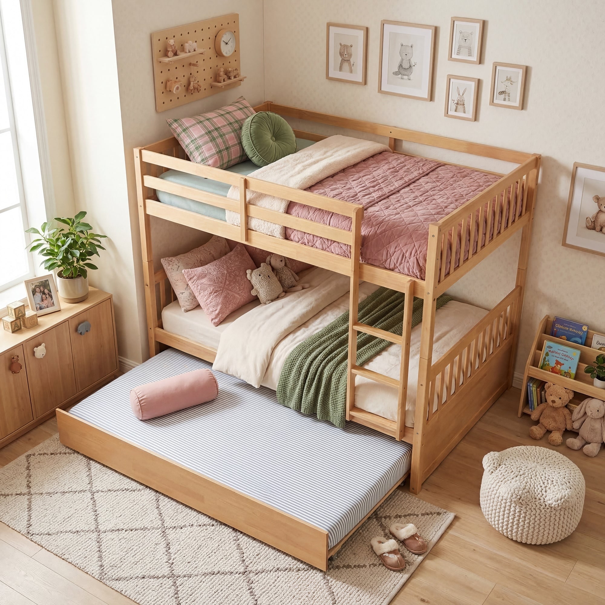 Javlergo Full Over Full Rubber Wood Bunk Bed with Trundle & Ladder – Convertible into Two Individual Beds for Kids and Teens