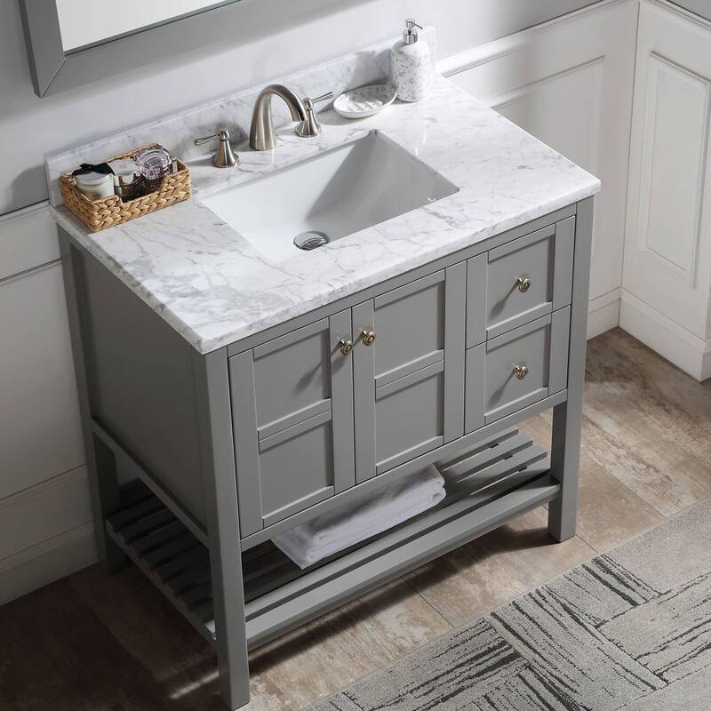 BATHLET Grey 36 inches Bathroom Vanity with Marble Top and Open Shelf - Carrara Marble Top