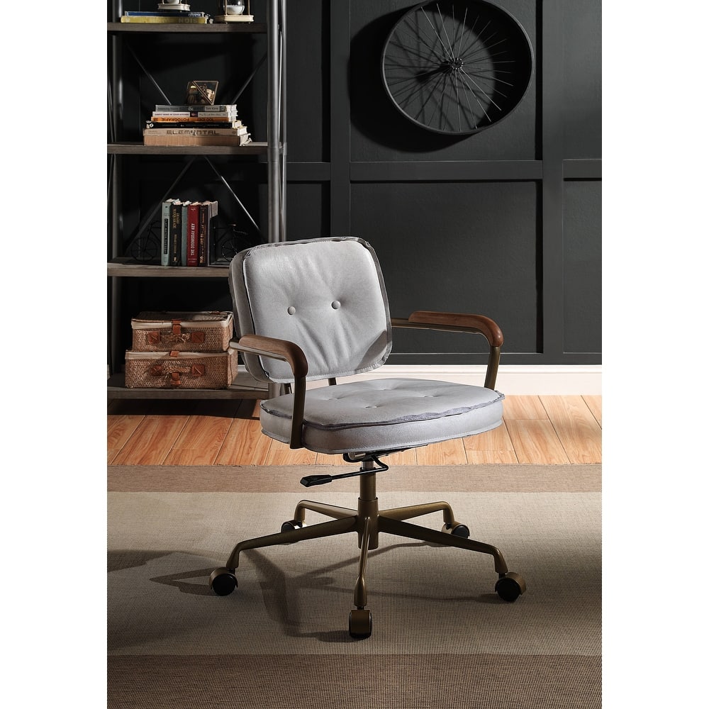 Vintage Leather Office Chair, Swivel Desk Chair with Wheels and Arms, Height Adjustable Upholstered Rolling Stool - N/A