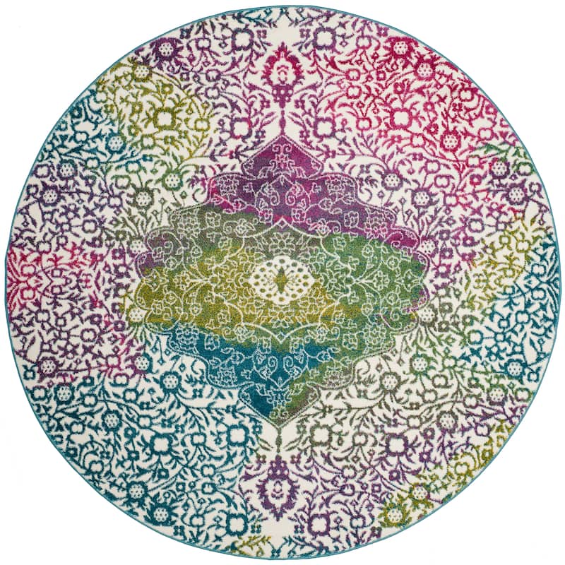 SAFAVIEH Watercolor Sierra Modern Abstract Medallion Rug - 6'7" Round - Ivory/Fuchsia