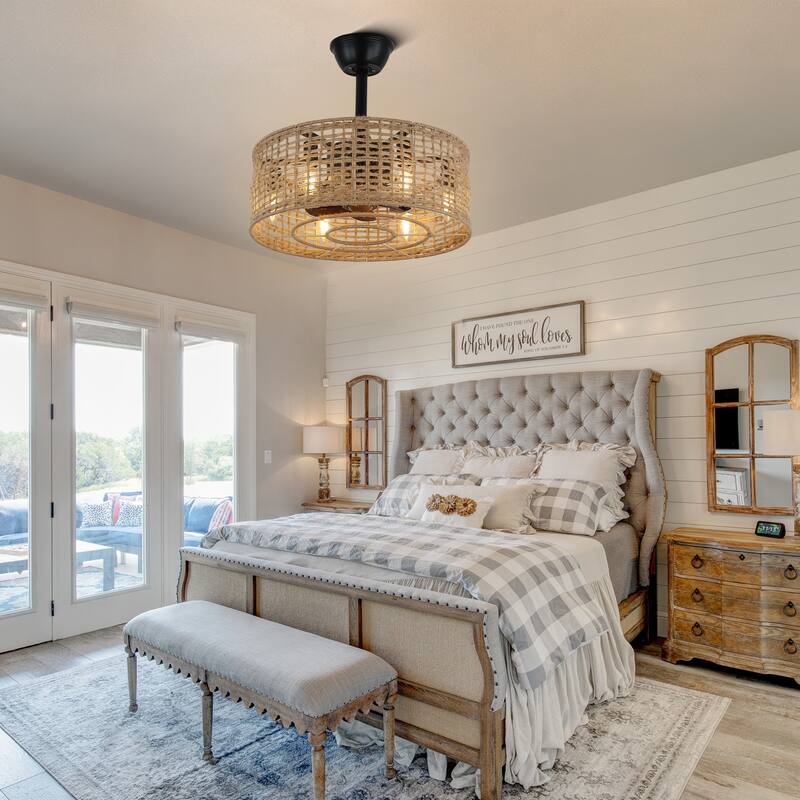 Bella Depot 18" Rustic Ceiling Fan, Rope Woven Caged Ceiling Fan with Light and Remote for Dining Room Bedroom - 18 Inches