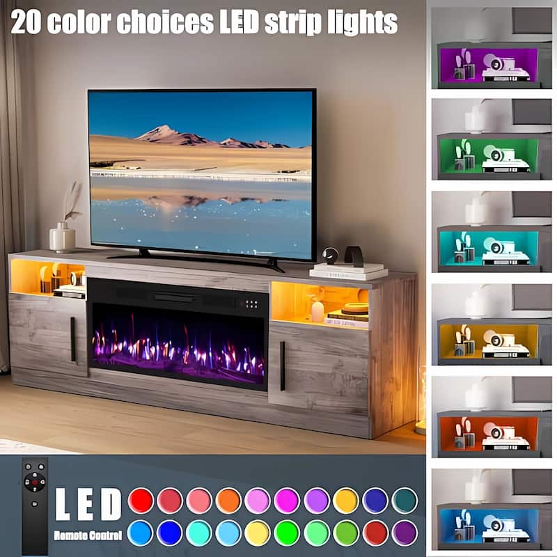 Bossin 70" Fireplace TV Stand with 36" Electric Fireplace, TV Stand for TVs Up to 80", 20 Colors LED Lights/Entertainment Center