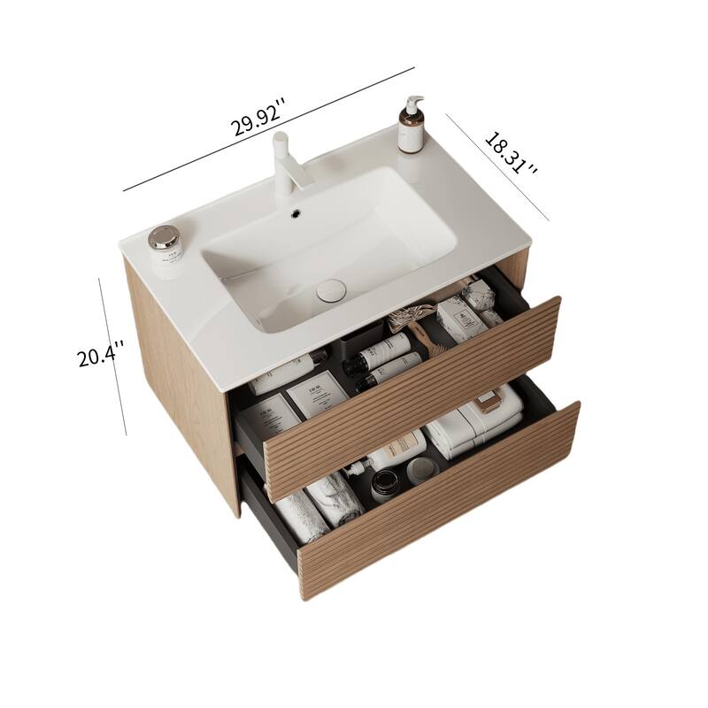 29" Bathroom Vanity with Premium Glossy White Ceramic Sink, Corolla Oak Grain Cabinet, Large Storage Drawers