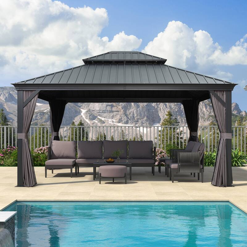PURPLE LEAF 10x12 Outdoor Galvanized Steel Hardtop Gazebo, Aluminum Frame Gazebo With Curtains